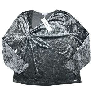 Calvin Klein Crushed Velvet Twist Front Long Sleeve Blouse Silver Womens Size XL